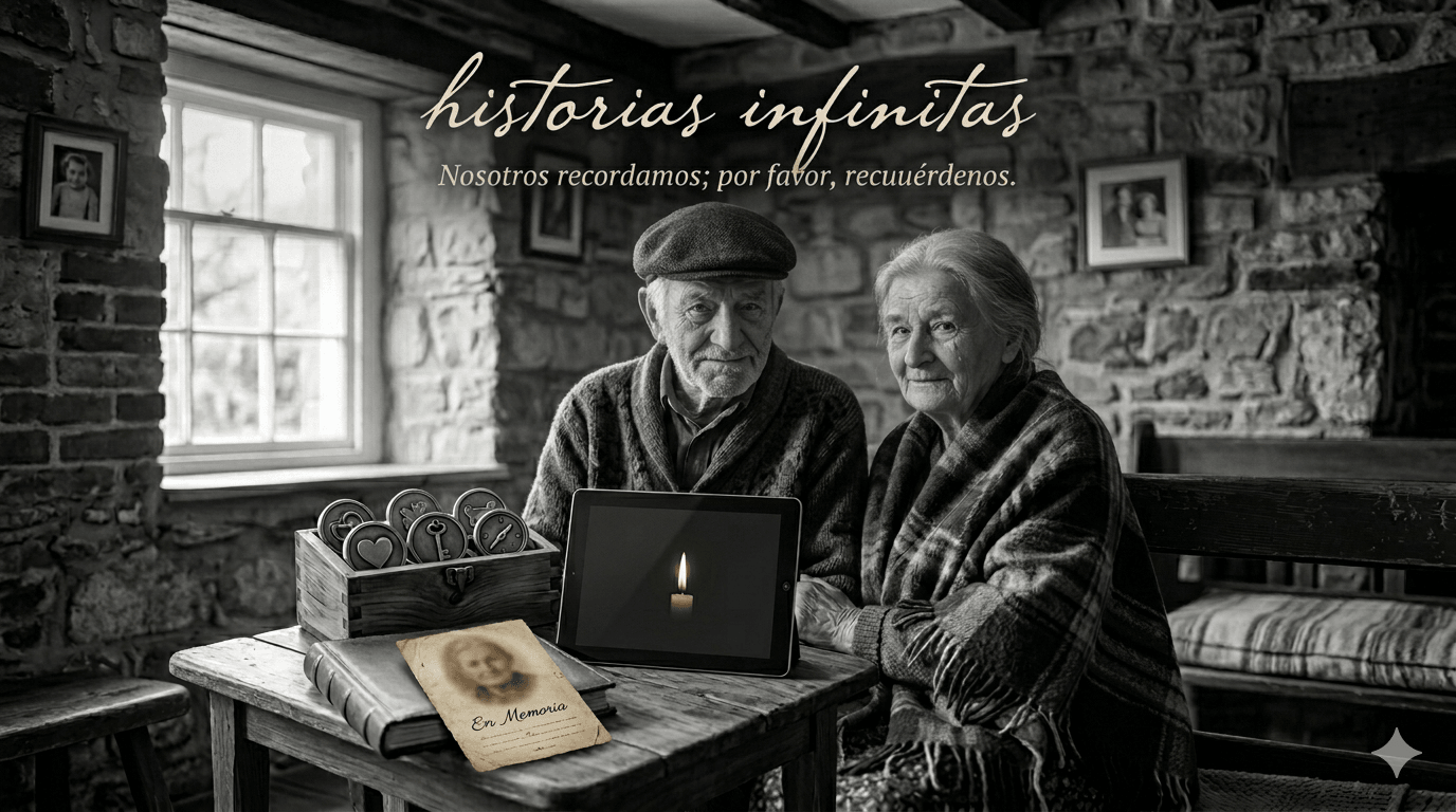 Historias Infinitas — a tree of memory carrying loved ones and pets beneath a starlit sky